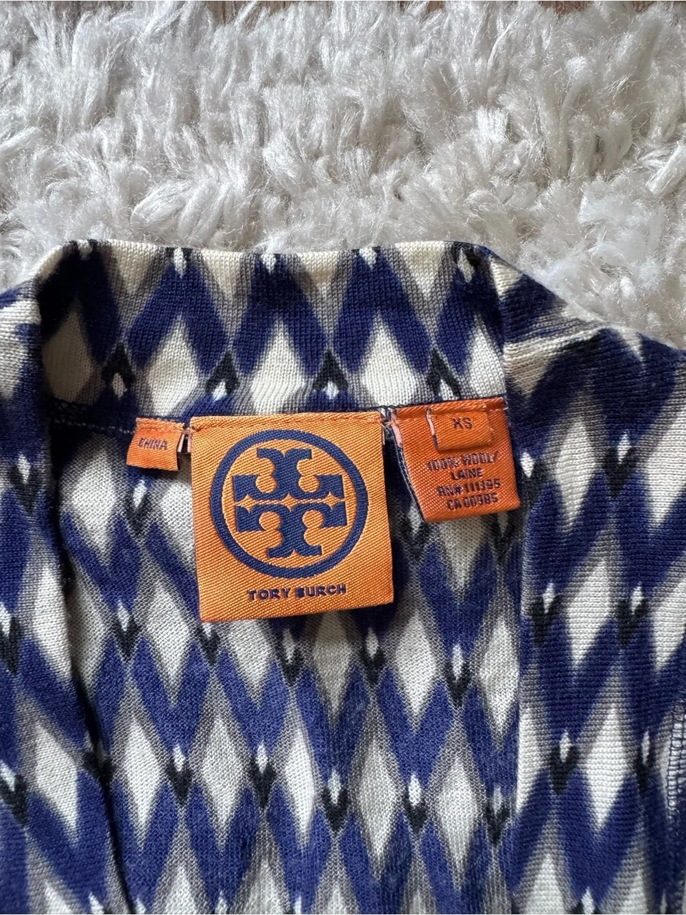 Tory Burch Navy and Cream Diamond Wool Knit Button Cardigan
